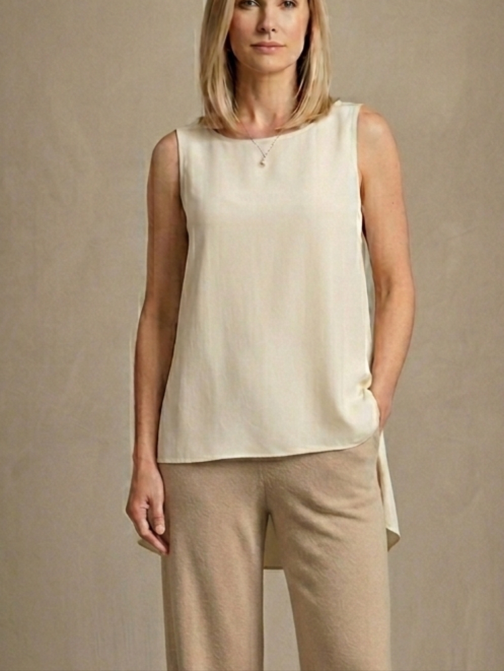 Eileen Fisher 100% Silk Cream Sleeveless Scoop Neck Tank Blouse PM